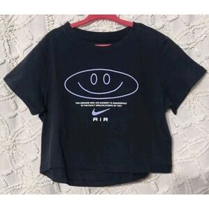 Nike‎ Air Girls Tshirt Size S Black Swoosh Smile Boxy Boyfriend Athleisure